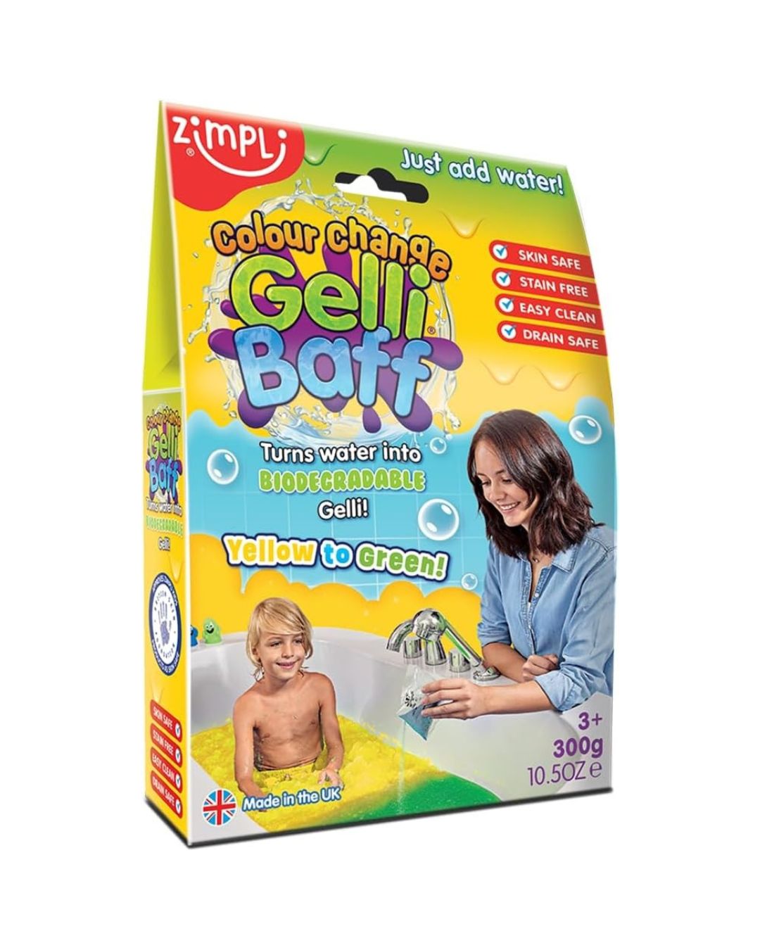 A box of Zimpli Kids Colour Change Gelli Baff showing the transformation from yellow goo to green jelly in a child's bathtub.